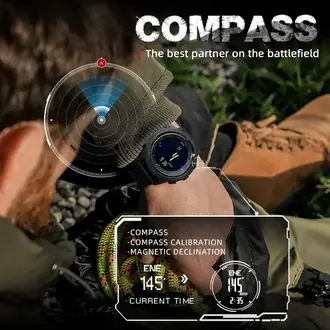 North Edge Apache 46 wristwatch digital compass demonstration beside hiking equipment