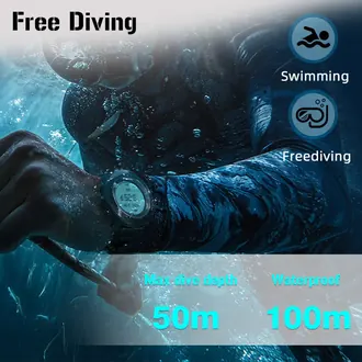 North Edge Apache D freediving promotional photograph of a diver wearing a wristwatch underwater